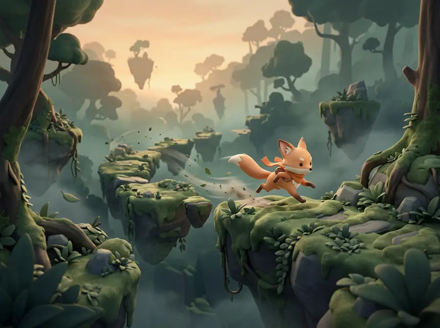 A small fox running across floating mossy islands at dawn