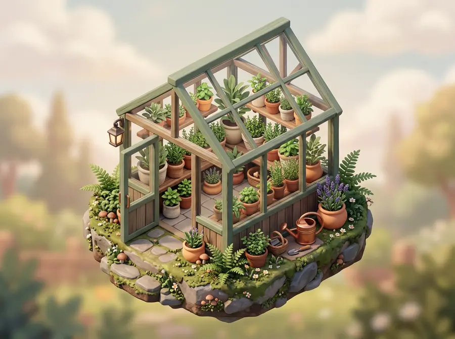 A tiny isometric greenhouse full of potted herbs
