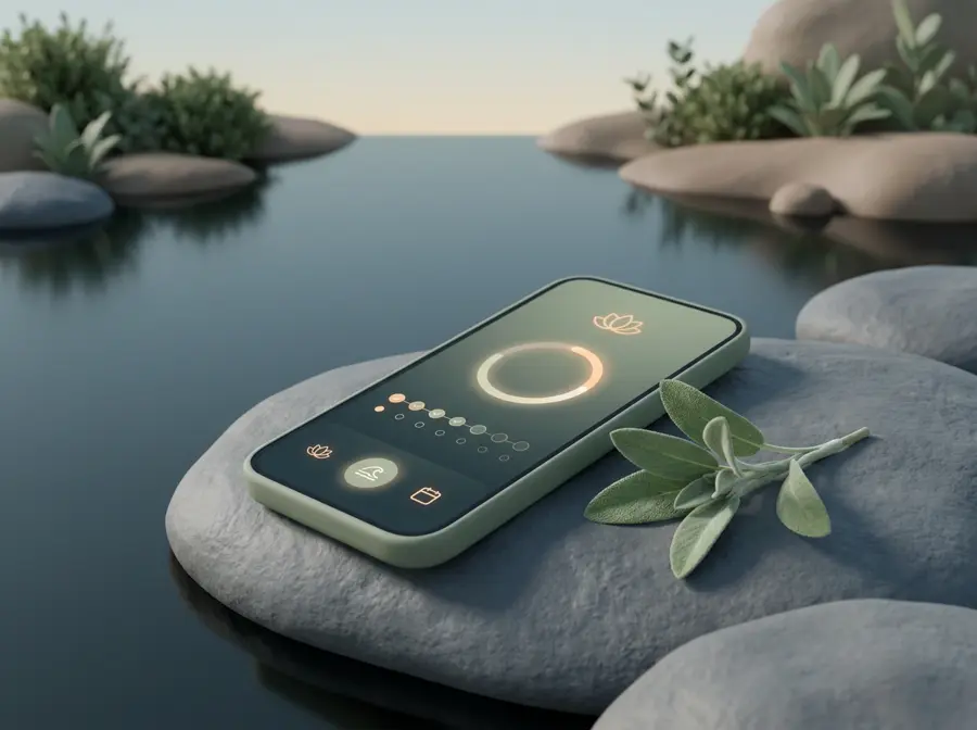 A smartphone resting on a stone beside still water