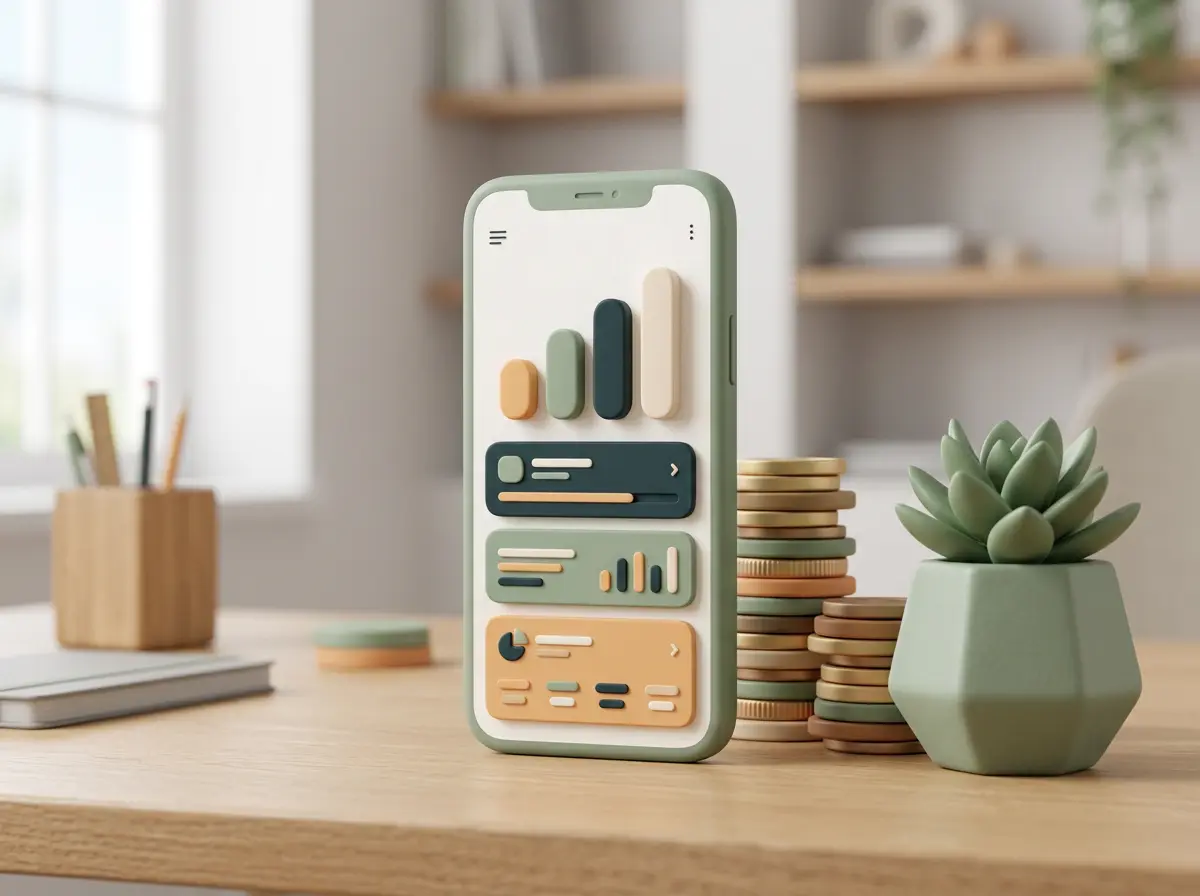 A smartphone showing charts next to stacked coins and a plant