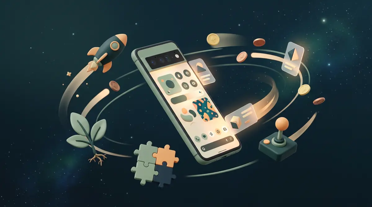 An Android phone orbited by playful game and app objects